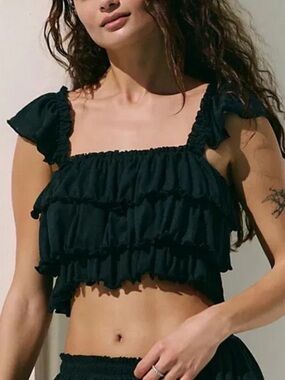 Free People Black Ruffled Tiered Crop Top Womens Size Small Boho,Festival,Grunge
